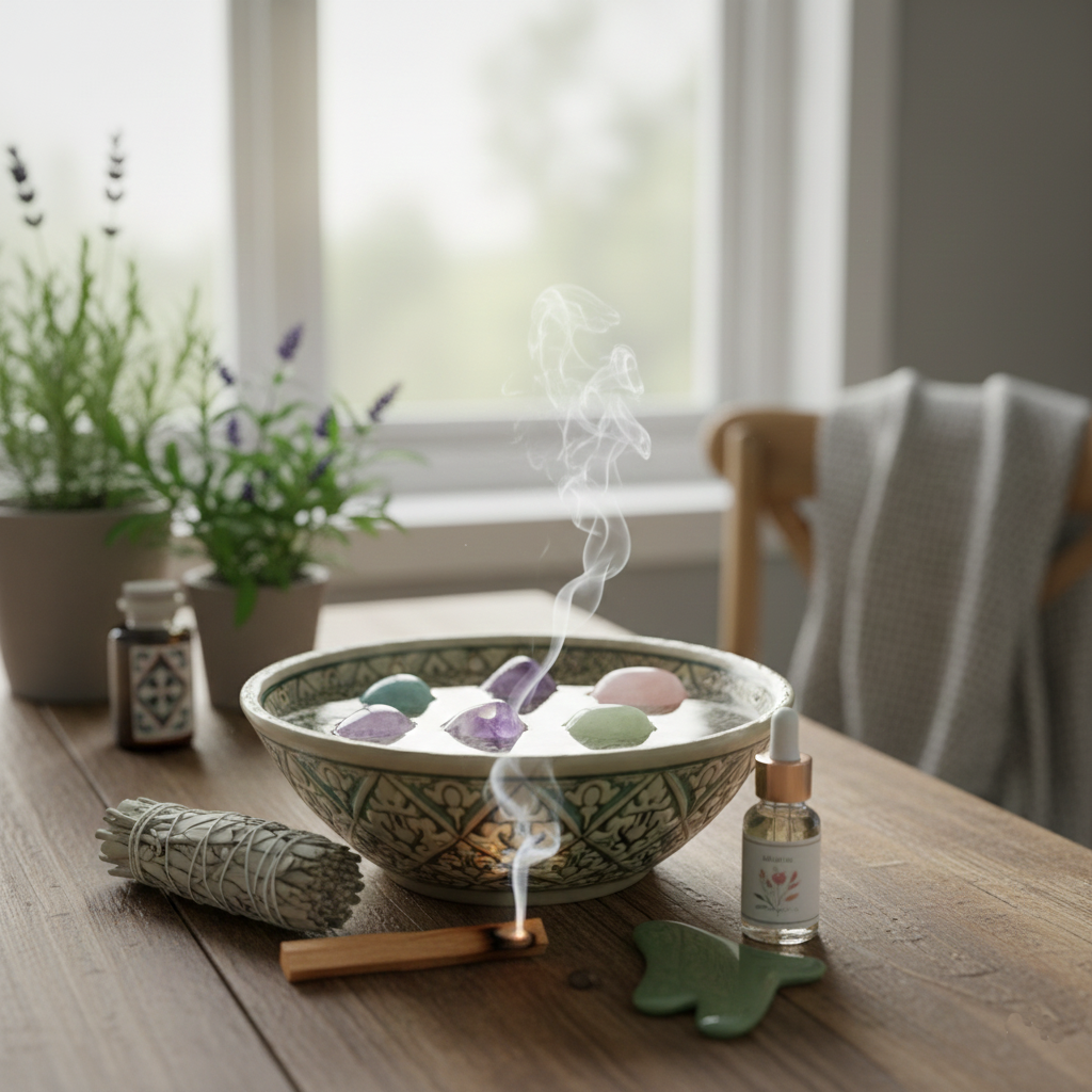 A bowl of crystals and herbs on a table beside a bright window