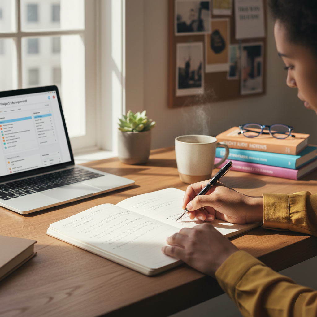 A quiet workspace with a notebook, books, and a laptop